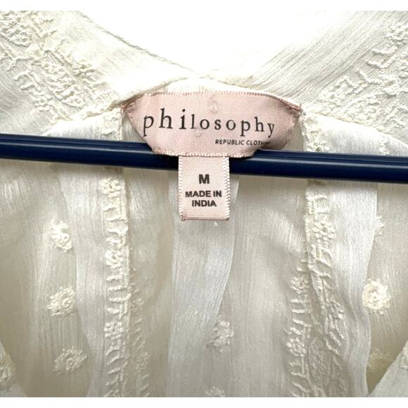Philosophy Cream Boho Blouse, Embroidered Gauze, V Neck and Back, Women's Size M - Picture 2 of 5